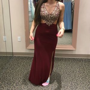 Burgundy Long Rhinestone Prom Dress